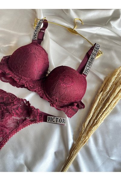NİVENE Lace Elastic Stone Underwire Supported Padded Push up Burgundy and Str...