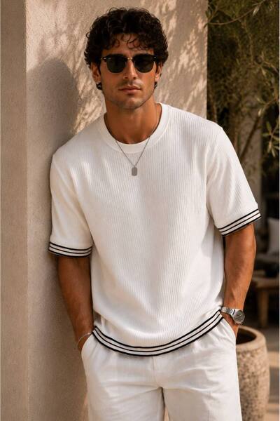 İLKCET MODA Men's Ecru Contrast Ribbed Detailed Oversize T-Shirt