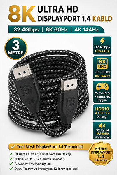 nelerbulurum High-Quality 3-Meter Braided 8K Displayport 1.4 Cable 32.4Gbps 8...