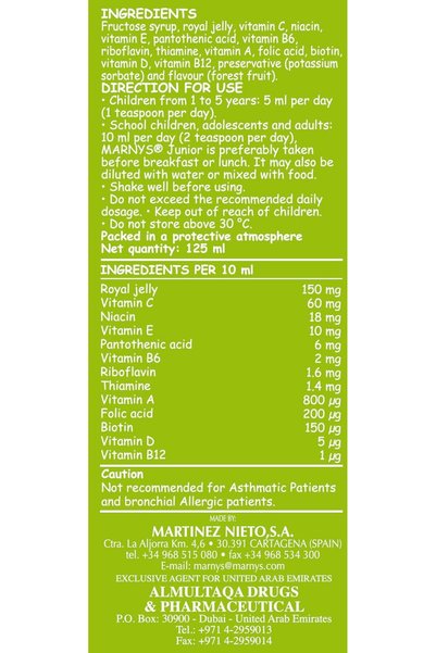 Marnys Junior Syrup - Royal Jelly and Multivitamins for Growth, Immunity & Cognitive Support - Natural Appetite Enhancer - 125 ml