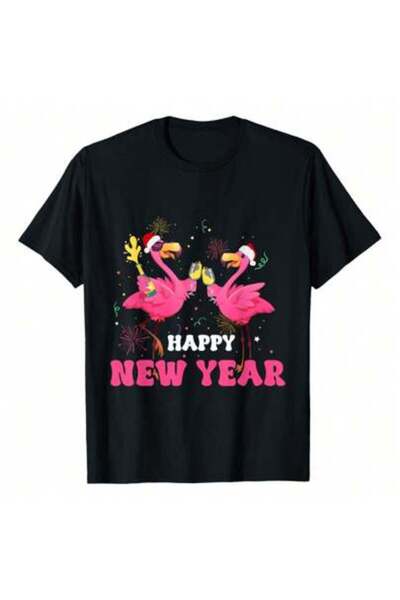 Astogria13 تي شيرت Happy New Year Pink Flamingo Drinking Wine Fireworks Xmas،...