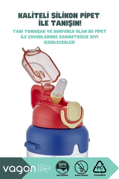 Vagonlife 650ml New Collection Neck Strap Thick Silicone Straw Handle Lockable Lid Cute Friends Patterned Polycarbonate Kids School Water Bottle