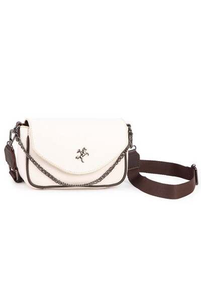 Nas Bag Mini Kapaklı Çapraz Çanta (en 20 cm , boy 12 cm) Krem Kahve Lopez