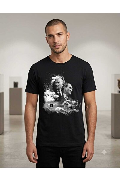 Kadın ,Erkek Beyaz ve Siyah %100 Pamuklu Atatürk Portreli ve Anıtkabir Detaylı Özel Baskılı Bisiklet Yaka T-Shirt