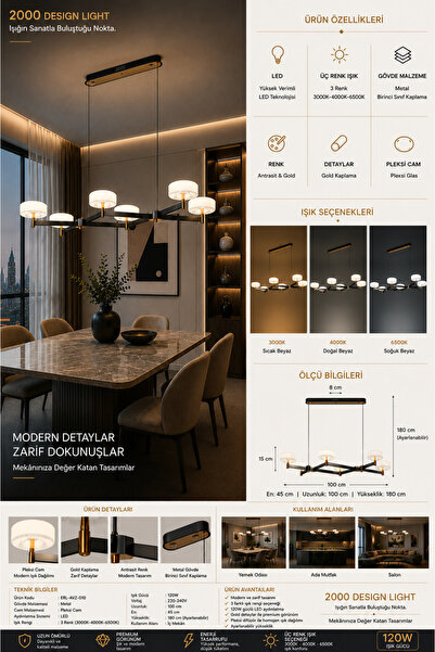 Genel Markalar 100 cm Modern LED Sarkıt Avize | 120W | 3 Renk | Antrasit Gold