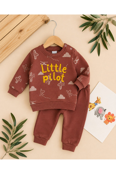 Mou&Kou Punch Embroidered Small Airplane Patterned Baby 2-Piece Set – Sweatsh...