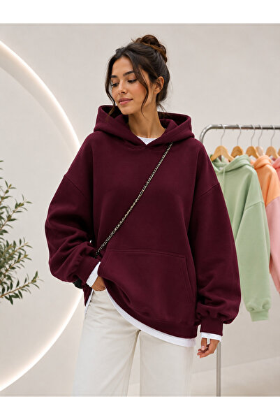 MOONBULL Kadın 3 İplik Şardonlu Kanguru Cepli Kapüşonlu Sweatshirt