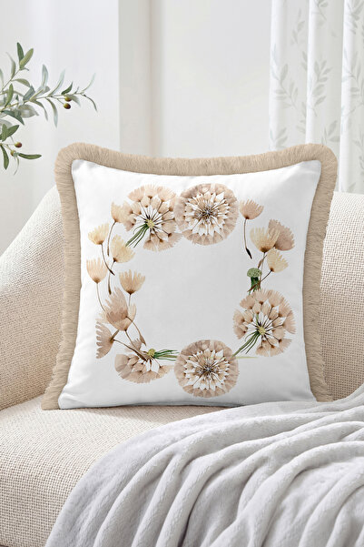 Realhomes Beige Tone Watercolor Floral Wreath Motif Fringed Throw Pillow Cove...