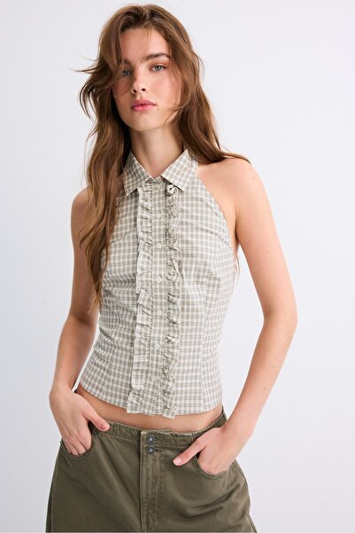 Stradivarius Ekose Desenli Halter Yaka Üst
