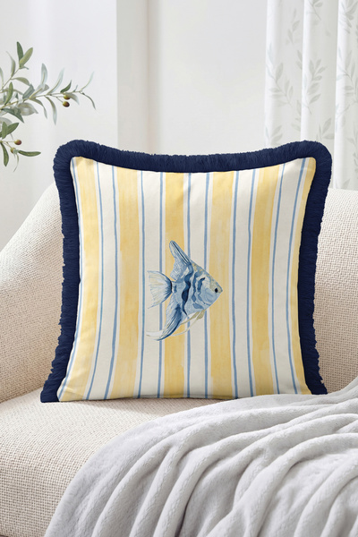Realhomes Angelfish Figured Vertical Striped Marine Themed Fringed Throw Pill...