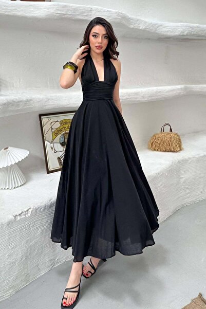 Clothes Fast Women's Black Strappy Linen Dress