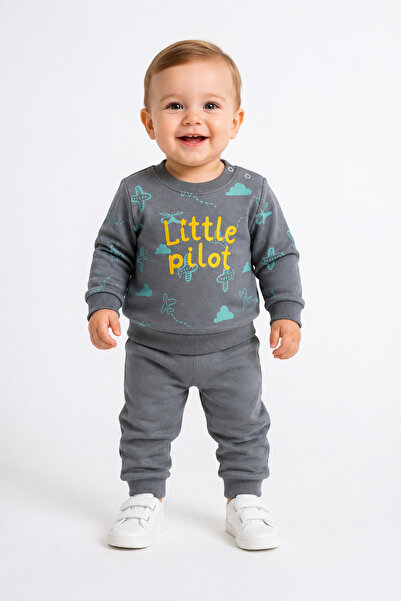 Mou&Kou Punch Embroidered Small Airplane Patterned Baby 2-Piece Set – Sweatsh...