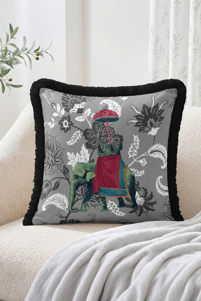 Realhomes Retro Fringed Throw Pillow Cover with Elephant Figure and Umbrella ...
