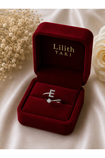 Lilith Takı خاتم فضي اللون قابل للتعديل مع حرف E وحجر الزركون |   خاتم الحروف...