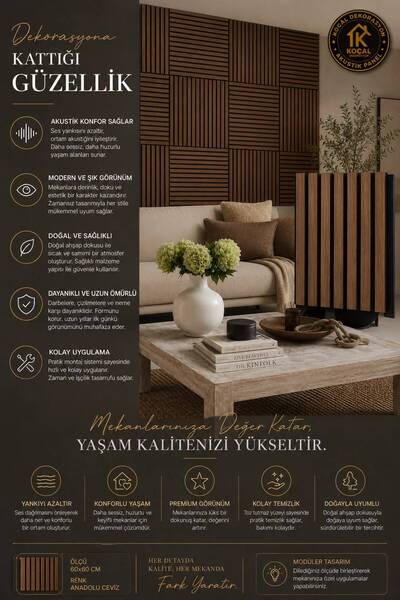 Koçal Dekorasyon MDF Ahşap Akustik Duvar Paneli 60x60 cm Anadolu Ceviz Rengi