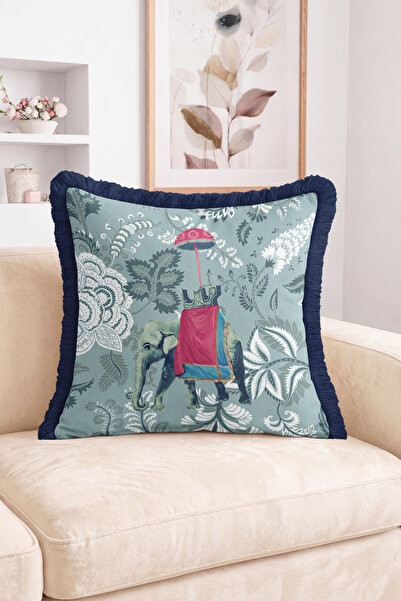 Realhomes Elephant Figured Umbrella and Flower Motif Fringed Throw Pillow Cov...