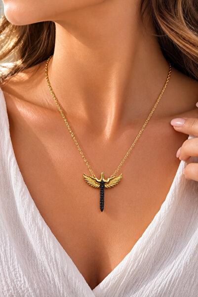 Bymiel Women's Gold Color Black Stone Angel Wing Figured 316L Stainless Steel...