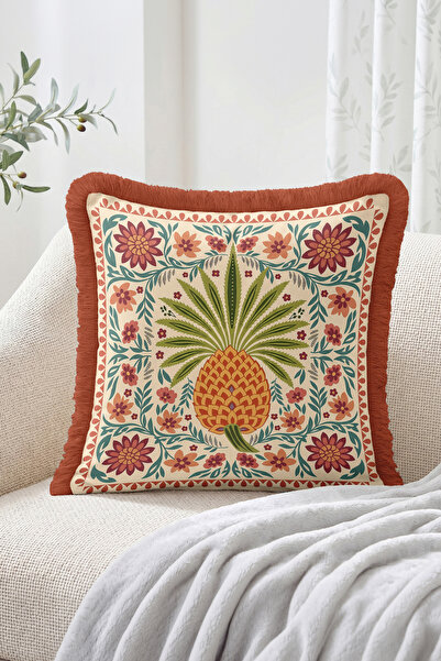 Realhomes Ethnic Patterned Fringed Throw Pillow Cover with Pineapple and Flor...