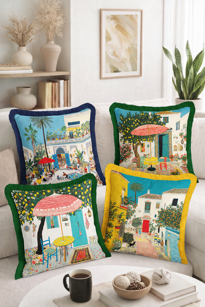 Realhomes Mediterranean Garden House and Cafe Scene Patterned 4-Piece Fringed...