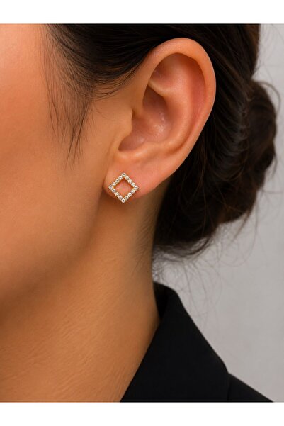MARE BUTİK Gold Square Form Stone Minimal Earrings