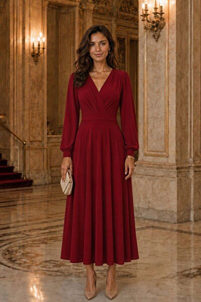 Mossta Double-Breasted Collar Corset Waist Long Crepe Dress - Red