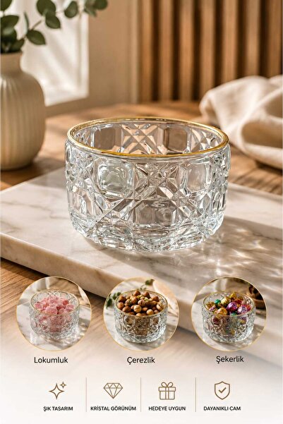 zaTen Pazar Gold Detailed Rio Bowl Crystal Glass Snack Bowl / Turkish Delight Bowl – 6-Piece Presentation Bowl