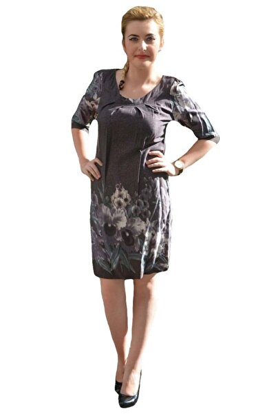 OEM Rochie cu imprimeu floral de nuanta gri cu maneci trei-sferturi