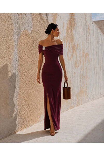 Modafeminen Strapless Collar Stone Detailed Slit Dress Burgundy 583211