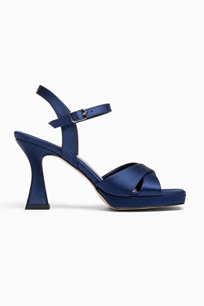 ALTIN TOPUK Navy Blue Satin Cross-Strapped Platform Heeled Shoes