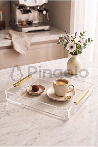 Pingolo صينية عرض أكريليك شفافة بمقبض ذهبي من إيكو مات مقاس 20×23 سم (قطعة وا...