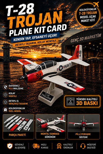Genç 3D T-28 Trojan Maket Uçak Kit Kartı - Demonte 3D Pervaneli Askeri Eğitim...