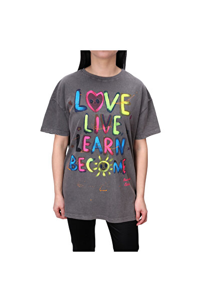 OEM Tricou de damă imprimat, cu mânecă scurtă, casual, oversize, gri, M