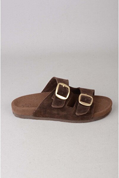 SEÇ KUNDURA Seç 4206 Double Buckle Genuine Leather Men's Slippers Brown Suede