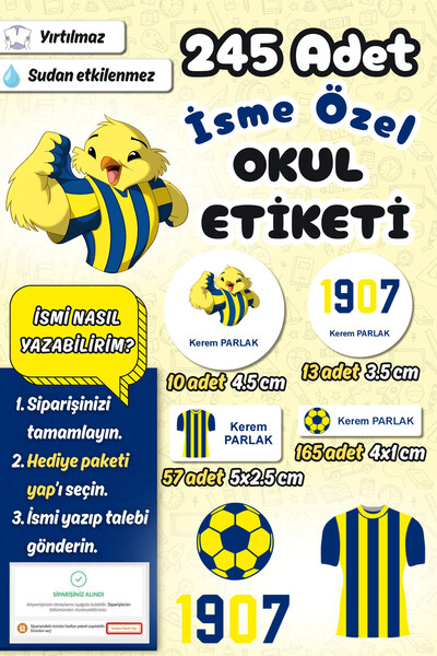 Sticker Ekspres Okul Etiketi Sarı Lacivert Futbol Kalem Defter Etiketi Özel İ...