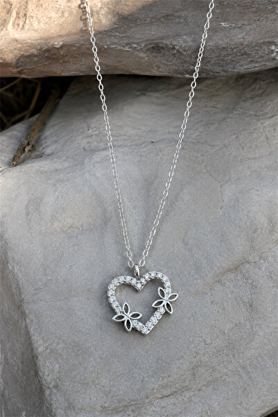 TAKIPORT Silver Color Zircon Stone Heart and Flower Figured Women's Necklace