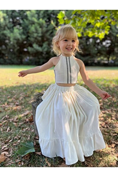 Pinkitokids Crochet Blouse and Linen Skirt Girls' Set