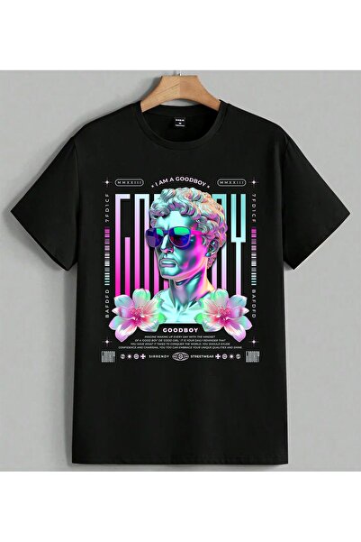 ELFERA Goodboy Poster Neon Art Printed Unisex Oversize T-Shirt Black