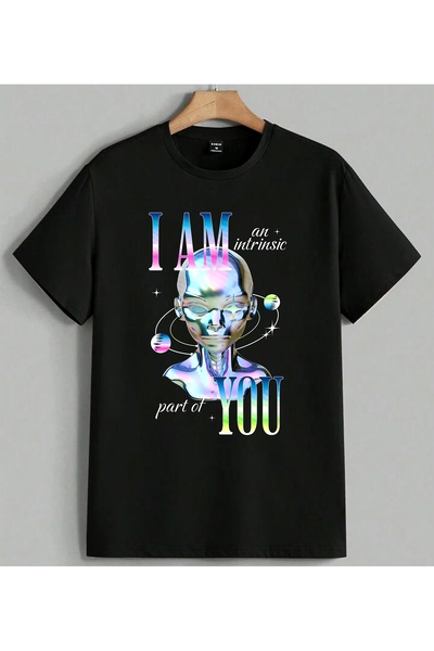 ELFERA Iam You Hologram Robot majica sa šarenim printom, unisex, oversize, crna