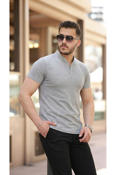 pazarella Men's Judge Collar Woven Cotton Fabric Short Sleeve T-Shirt