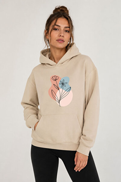 herkesemoda Floral Printed Hooded 2 Thread Threaded Sweatshirt