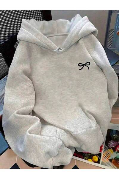 herkesemoda Ribbon Printed Hooded 2 Thread Threaded Sweatshirt