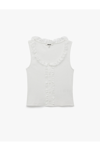 Koton U Neck Sleeveless Cotton Buttoned Lace Detailed Ruffle Blouse