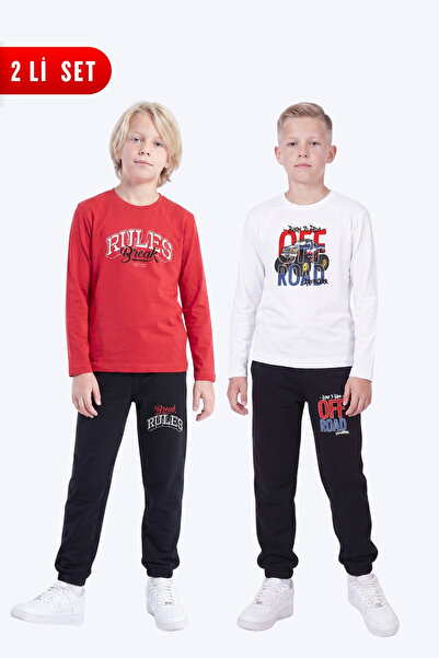 FYK KİDS 2-Piece Boy's Round Neck Printed Detailed 4-Piece Top and Bottom Set...