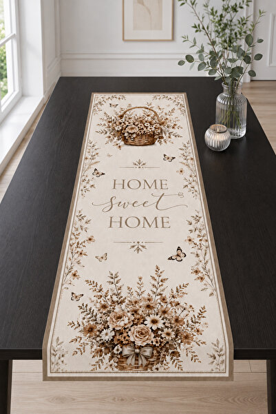 Bebişim Halı Sepia Flower Basket and Home Sweet Home Written Runner Tableclot...