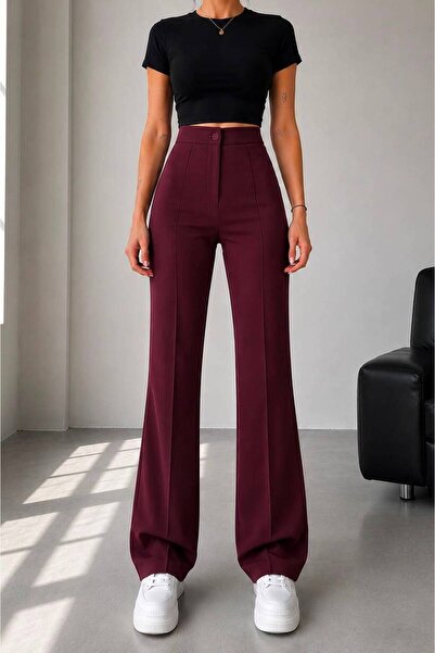 BILDEŞA Women's Burgundy High Waist Gathering Spanish Leg Paazzo Trousers