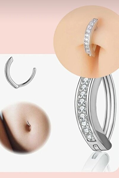 TAKIŞTIR Gümüş Renk Taşlı Halka Cerrahi Çelik Göbek Piercing
