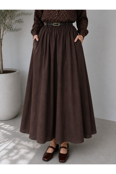 Generic Brand Voile Fabric Lined Long Skirt with Pockets - Brown