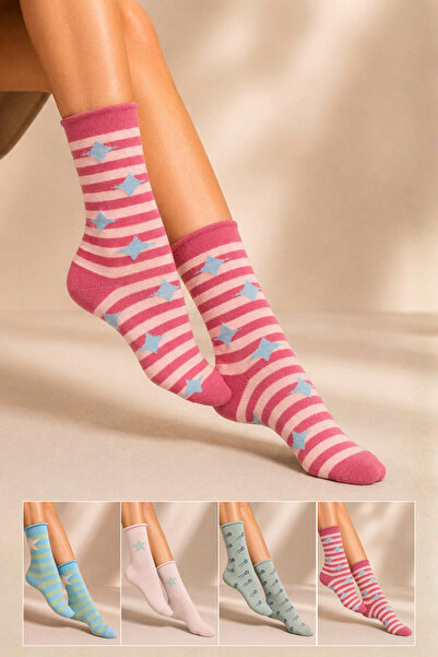 KARDEŞLER ÇORAP Women's Cotton Patterned Socks Multi-Colored 4-Piece Pack