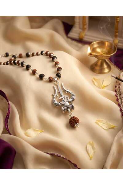 Generic Original 7MM German Silver Cap Karungali and Rudraksha Mala with Om locket, 54 Beads, Lab Certified