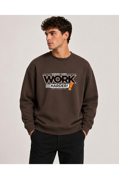 herkesemoda Work Harder Print Detailed Crew Neck 2 Thread Sweatshirt with Emb...